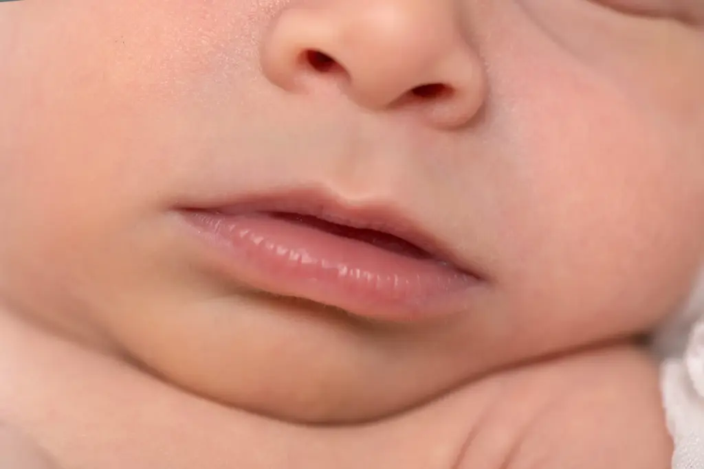 Nahaufnahme Babymund und Nase, zarte Detailaufnahme Neugeborenes – Neugeborenenfotos Hemmingen
